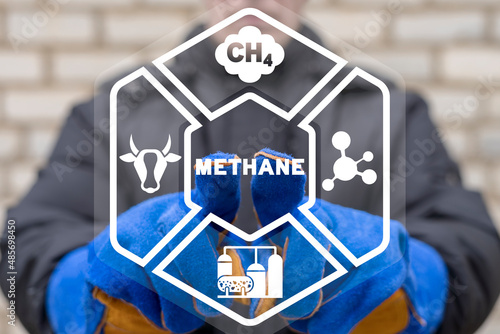 Concept of methane production. CH4 emission from livestock and industry. Methane emissions. photo