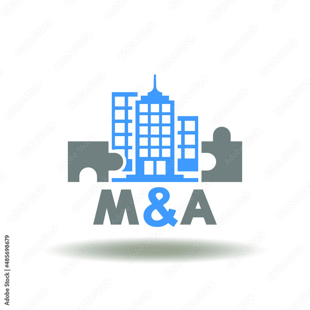Vector illustration of skyscraper with puzzle pieces and m and a abbreviation. Icon of mergers and acquisitions. Symbol of merger and acquisition, companies corporate cooperate.