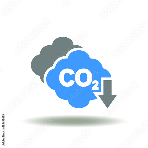 Vector illustration of cloud with co2 and arrow down. Symbol of carbon dioxide reduction. Icon of reduce CO2 emissions, carbon footprint, limit global warming and climate change.