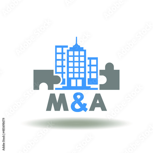 Vector illustration of skyscraper with puzzle pieces and m and a abbreviation. Icon of mergers and acquisitions. Symbol of merger and acquisition, companies corporate cooperate. photo