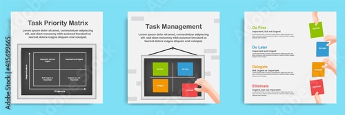 Social media informative task priority management post banner template design in 3D cartoon style with hanging steel blackboard and hand paper note