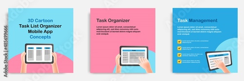 Social media informative task organizer app post banner template design in 3D cartoon style with hand holding tablet monitoring project progress.