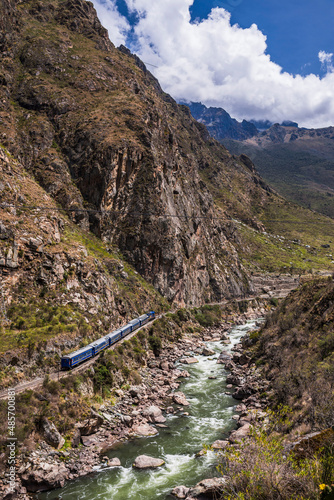 Train between Machu Picchu at Aguas Calientes and Ollantaytambo through the Sacred Valley, Cusco Region, Peru, South America