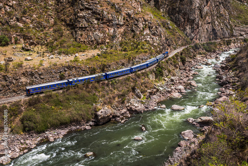 Train between Machu Picchu at Aguas Calientes and Ollantaytambo through the Sacred Valley, Cusco Region, Peru, South America