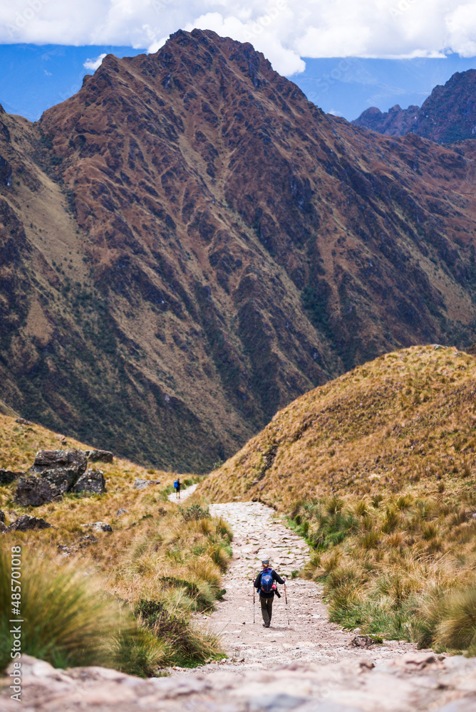 Hiking down from Dead Womans Pass 5,200m summit, Inca Trail Trek day 2, Cusco Region, Peru, South America