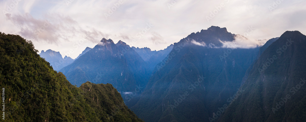 Andes Mountains at sunrise on walk to Machu Picchu on final day of Inca Trail, Cusco Region, Peru, South America