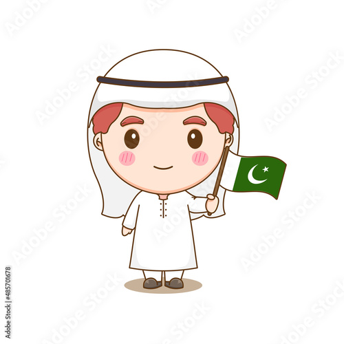 Cute Pakistan boy wearing national with flag. Chibi cartoon character isolated background.