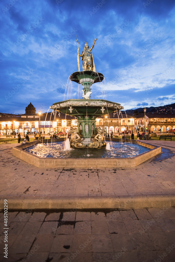 Plaza de Armas Fountain at night, Cusco (aka Cuzco, Quscsu or Quosco), Cusco Region, Peru, South America