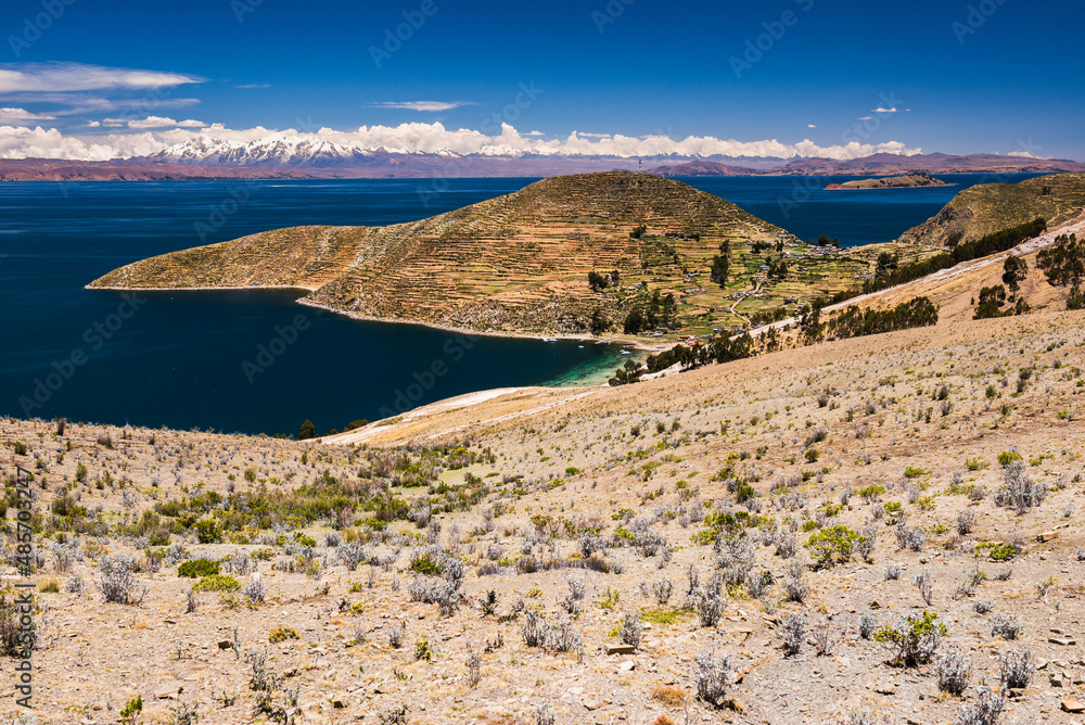 View from Isla del Sol (Island of the Sun),  across Lake Titicaca towards mainland Bolivia, South America