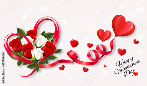 Happy Valentine's Day beautiful background with colorful roses and red heart shape ribbon Vector.