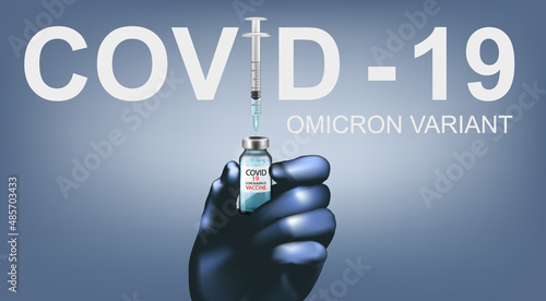 Coronavirus Omicron vaccine background. Hand holding bottle with vaccine destroying virus COVID - 19 molecule. Stop Coranavirus concept. Vector