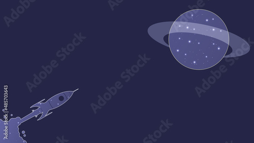 Concept travel in space, infinite universe. Dark background with rocket and planet in color of the year 2022, very peri. Web banner design template with place for text. Copyspace.