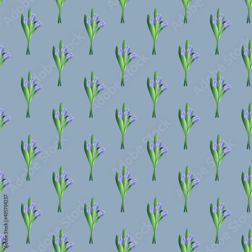 Fototapeta Naklejka Na Ścianę i Meble -  Seamless pattern with flowers. Abstract cute pattern on a Woman's Day with blue tulips on a blue background. Very Peri background with tulips. Spring postcard for March 8.