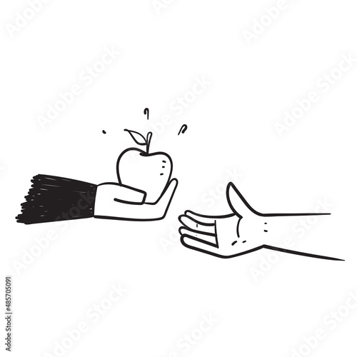 hand drawn doodle hands giving and receiving apples illustration isolated