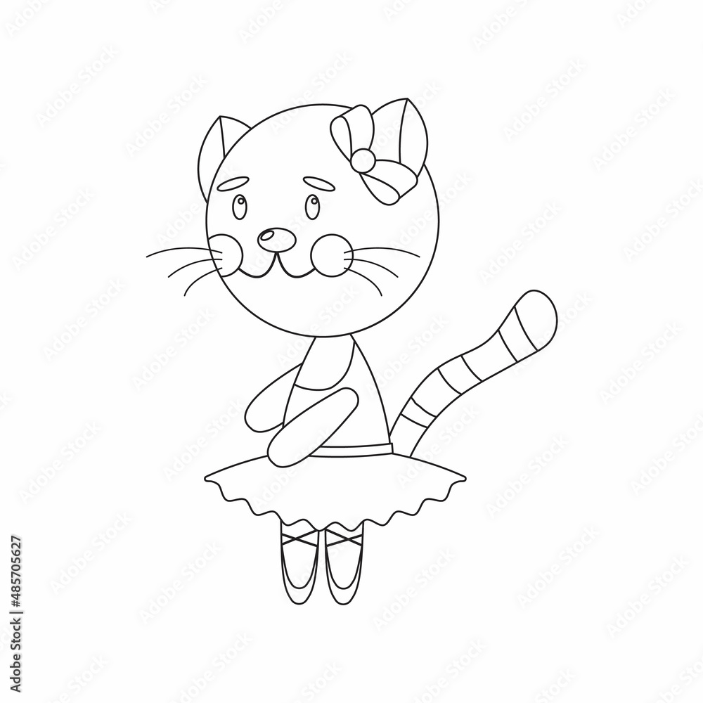 Cute dancing cat in a ballet tutu. Kitty ballerina vector linear