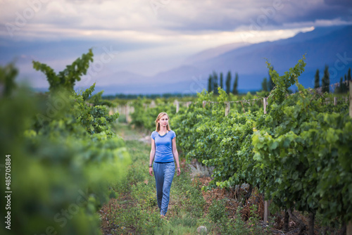 Woman in vineyards in Andes mountains on wine tasting vacation at a winery in Uco Valley (Valle de Uco), a wine region in Mendoza Province, Argentina, South America photo
