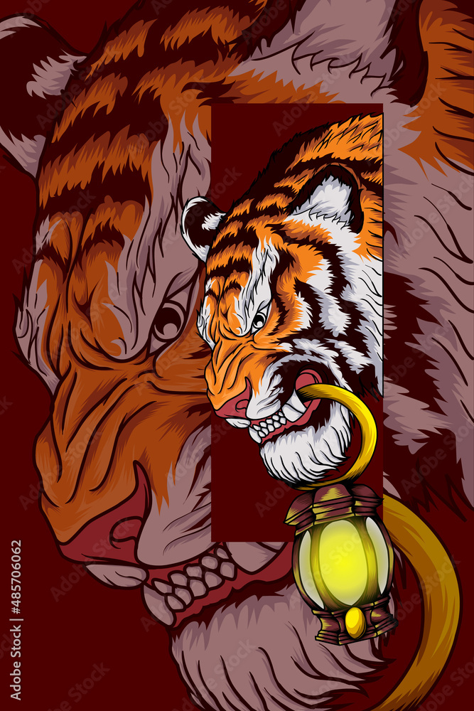 Tiger with lantern vector illustration