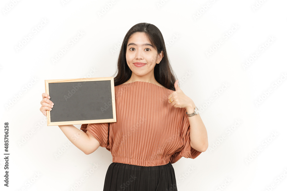 Showing, Presenting and holding Blank Blackboard Of Beautiful Asian Woman Isolated On White Showing, Presenting and holding Blank Blackboard Of Beautiful Asian Woman Isolated On White