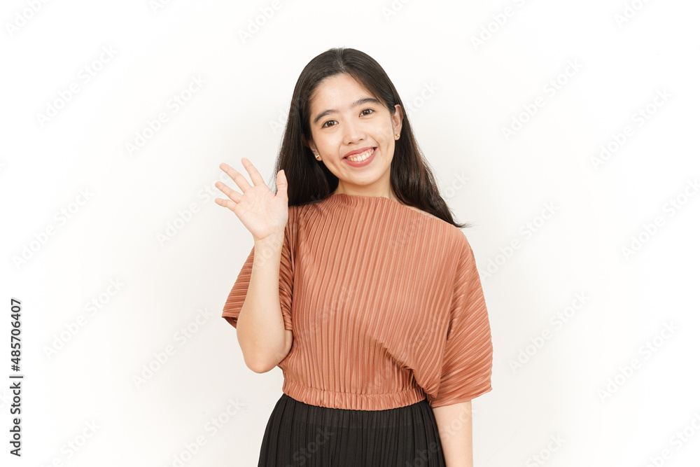 Hi Greeting or Waving at Camera Of Beautiful Asian Woman Isolated On White Background Hi Greeting or Waving at Camera Of Beautiful Asian Woman Isolated On White Background