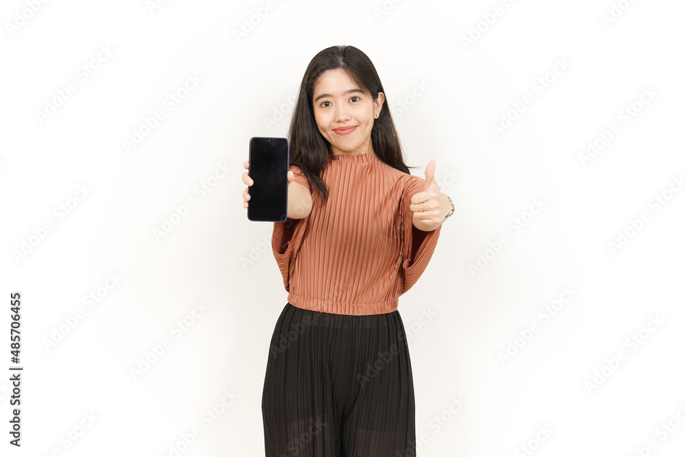 Showing and Presenting Apps On Blank Screen Smartphone Of Beautiful Asian Woman Isolated On White Showing and Presenting Apps On Blank Screen Smartphone Of Beautiful Asian Woman Isolated On White