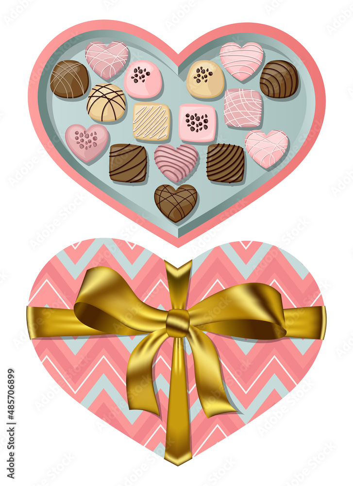 Top view coral blue heart shaped gift open box with golden ribbon and bow and chocolates isolated on white background. Vector illustration.