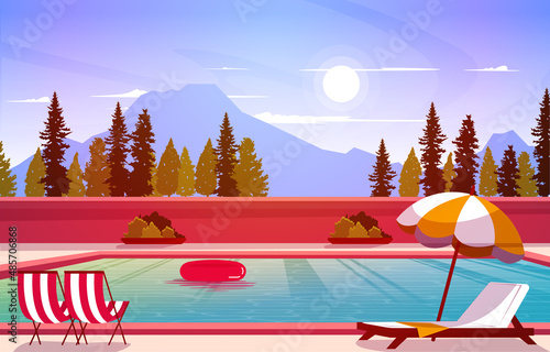 Nature Swimming Pool Summer Holiday Leisure Relaxation Flat Design Illustration