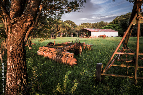 Rusty old farm machinery at Estancia San Juan de Poriahu, a traditional Argentinian cattle farm in the Ibera Wetlands, Corrientes Province, Argentina, South America photo