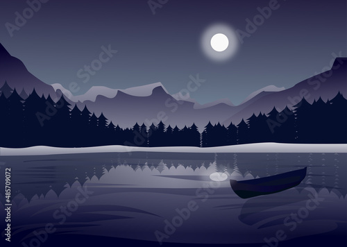 Snow mountain landscape at night with boat flat illustration
