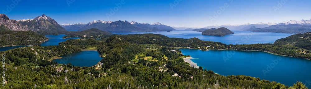 View of Argentinian Lake District and Andes Mountains from Cerro Campanario (Campanario Hill), San Carlos de Bariloche, Rio Negro Province, Patagonia, Argentina, South America
