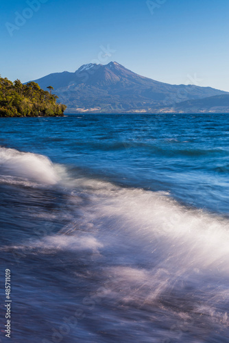Calbuco Volcano at sunset, seen from a beach on Llanquihue Lake, Chilean Lake District, Chile, South America