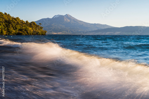 Calbuco Volcano at sunset, seen from a beach on Llanquihue Lake, Chilean Lake District, Chile, South America