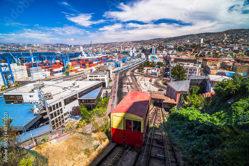 Funicular train 21 de Mayo (May 21st) and Valparaiso Port on Artillery Hill, Valparaiso Province, Chile, South America photo