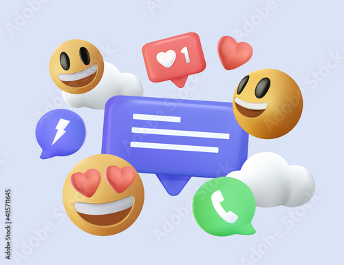3D Social media platform, online social communication applications concept, emoji, hearts, chat on light blue background. 3d Vector illustration. Message notification. Cloud new message 3d messenger