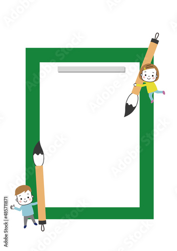 書道教室　筆を持った子供たちのフレーム　