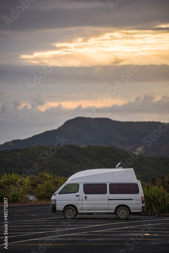 Campervan at sunrise at Cape Reinga (Te Rerenga Wairua), Northland, New Zealand