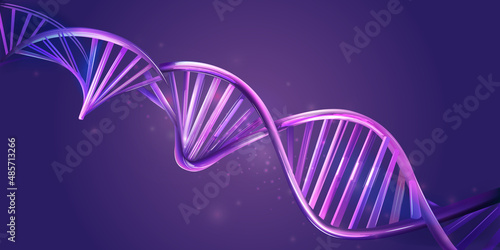 Luminous DNA strands on a violet background.