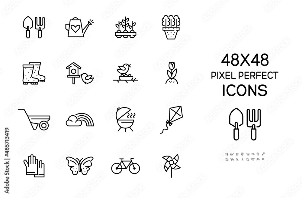 Spring activities and gardening icons set. Such as butterfly, bicycle, seedling, rainbow, bbq. Pixel perfect, editable stroke 48x48 icons