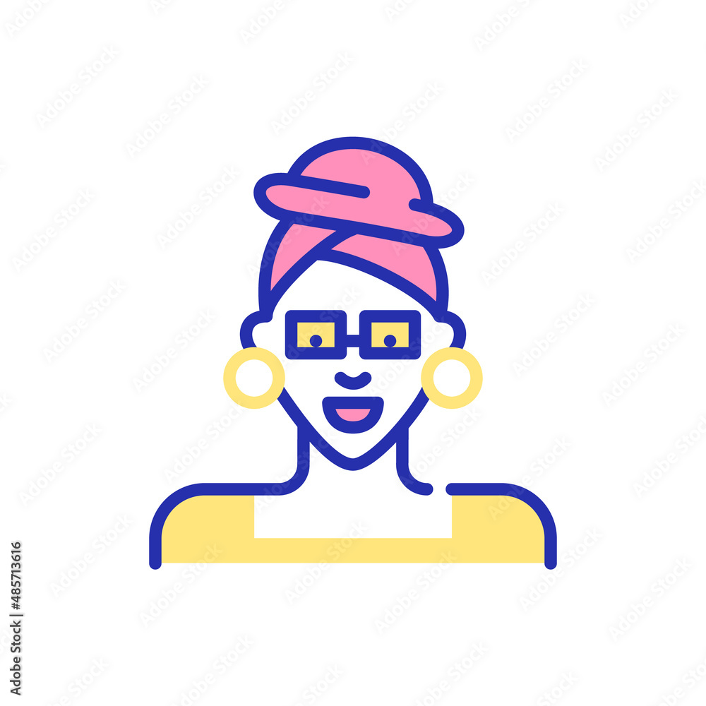 Elegant stylish girl wearing a turban and large earrings. Pixel perfect, editable stroke fun color avatar icon