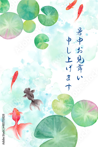 金魚と睡蓮の葉で構成した夏のイメージ背景、水彩イラスト。暑中見舞い。（ベクター,レイアウト変更可能）