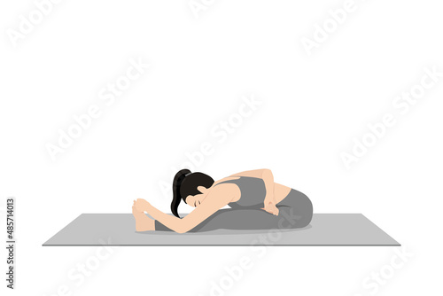 Half Bound Lotus Pose Forward Fold Variation. Beautiful girl practice Ardha Baddha Padma Paschimottanasana Variation. Young attractive woman practicing yoga exercise. working out