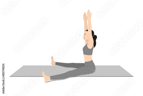Seated Straddle Pose Arms Raised. Beautiful girl practice Upavistha Konasana Uttana Hasta. Young attractive woman practicing yoga exercise. working out, black wearing sportswear, grey pants and top