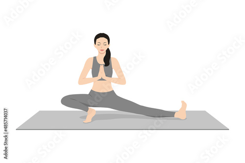 Side Lunge Stretch Pose Prayer Hands. Beautiful girl practice Skandasana Namaste Hands. Young attractive woman practicing yoga exercise. working out, black wearing sportswear, grey pants and top,