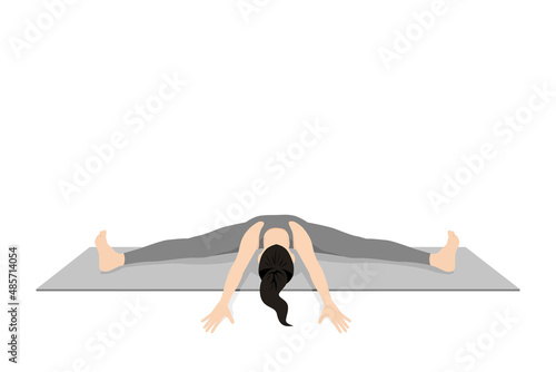Seated Straddle Pose, Seated Wide Legged Straddle, Wide Angle Seated Forward Bend Pose, Open Angle Pose. Beautiful girl practice Upavistha Konasana. Young attractive woman practicing yoga exercise. photo
