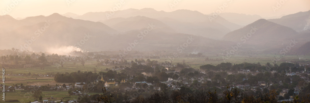 Sunset view over Hsipaw (Thibaw) and Shan State Mountains, Myanmar (Burma)
