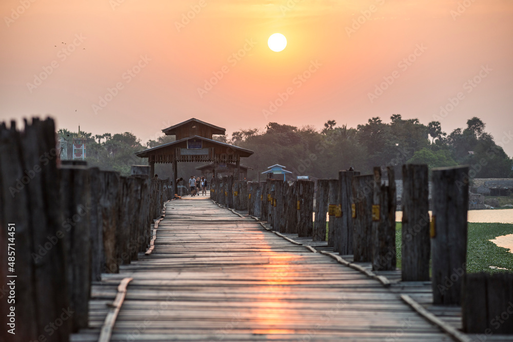U Bein Teak Bridge at sunrise, a 1.2km wooden bridge in Mandalay, Mandalay Region, Myanmar (Burma)