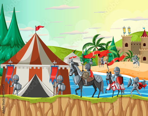Medieval army camp scene with knights in cartoon style
