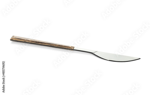 Stainless steel knife with wooden handle on white background