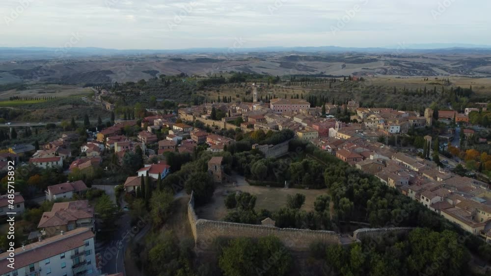 San Quirico d'Orcia in val d'Orcia aerial view, Tuscany Italy San Quirico d'Orcia in val d'Orcia aerial view, Tuscany Italy