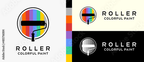 modern wall paint logo design template. silhouette of a roller brush in a rainbow color style in a circle. premium vector