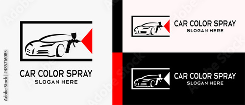 car paint logo design template. silhouette of a paint spray gun with with a car in a box, creative concept. premium vector
